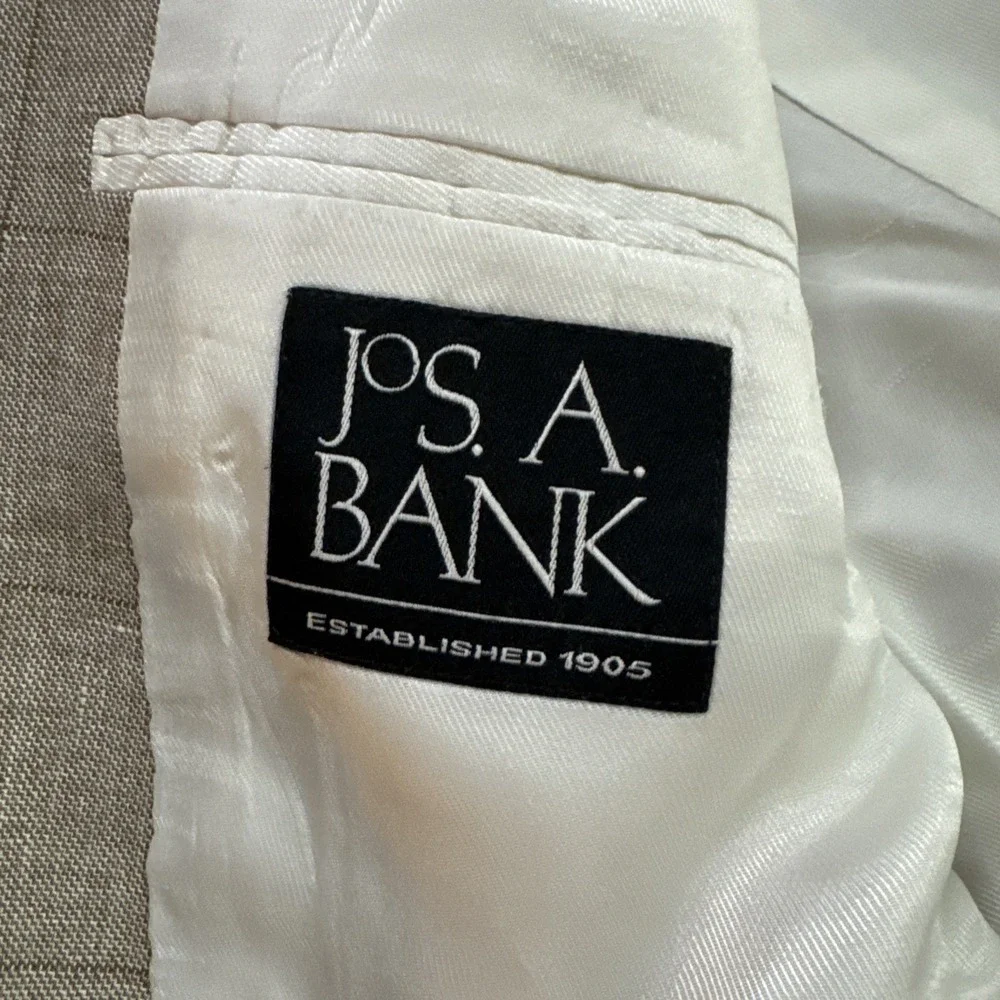 Jos A Bank Sport Coat Sz 46L Slim Beige Windowpane Plaid Silk Wool Linen Jacket